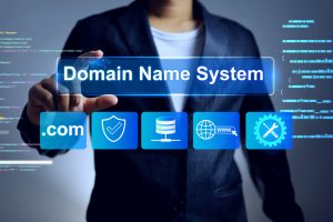 A businessman in a suit pointing to a futuristic interface that reads, “Domain Name System.” This main text is positioned above five distinct blue icons with different functionalities.